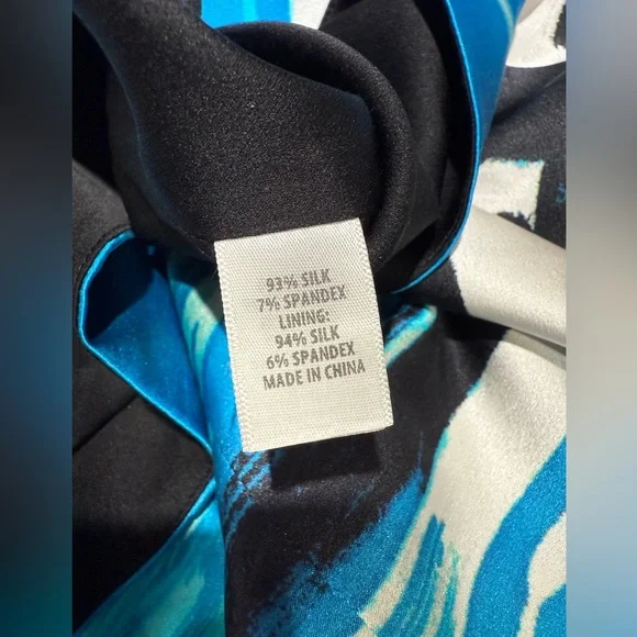 ST JOHN Brushstroke Stretch Silk Charmeuse Draped Cyan/Black Dress, Size 2 - Picture 14 of 16